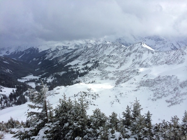 Blick vom Gipfelhang zurück ins Tal