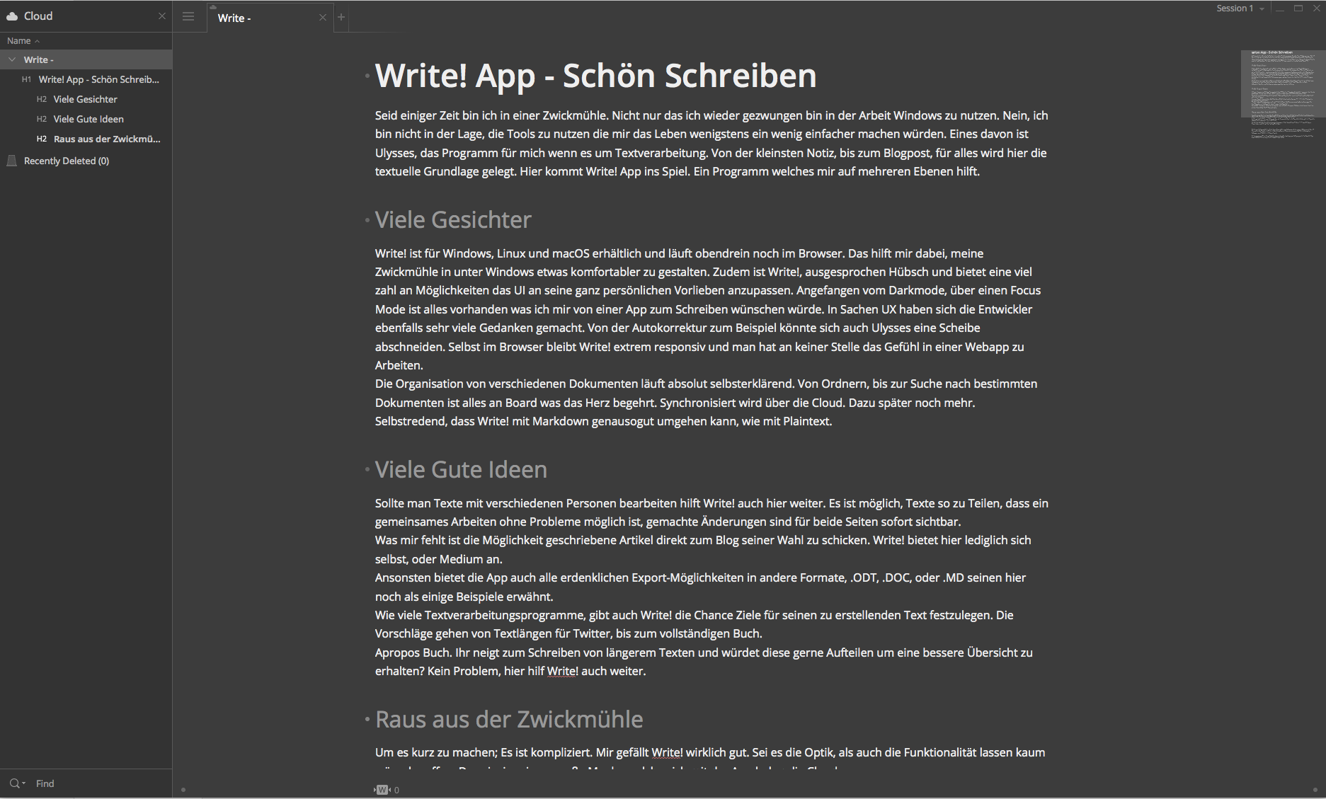 Write! App in der Vollansicht